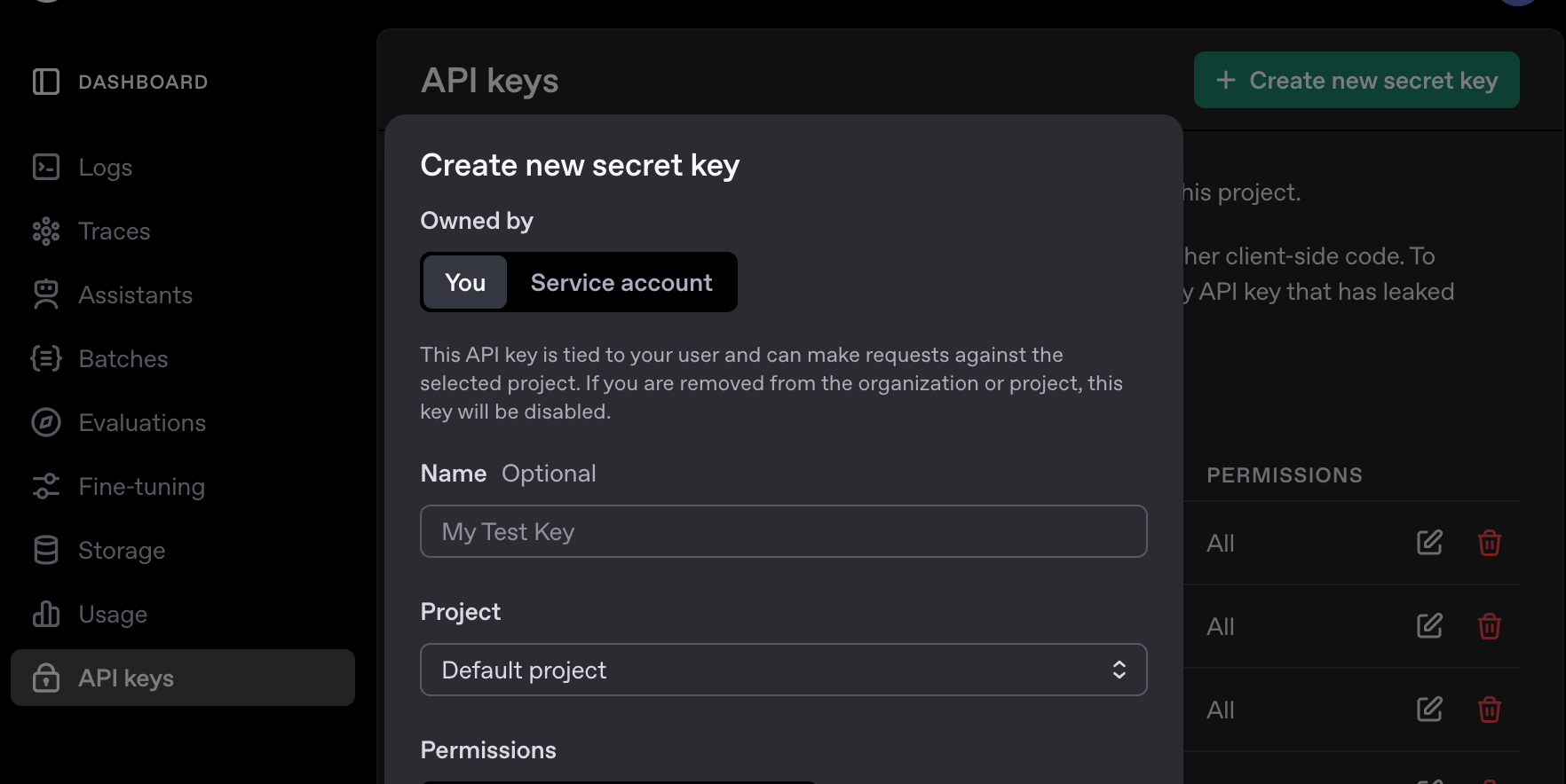 OpenAI API keys page