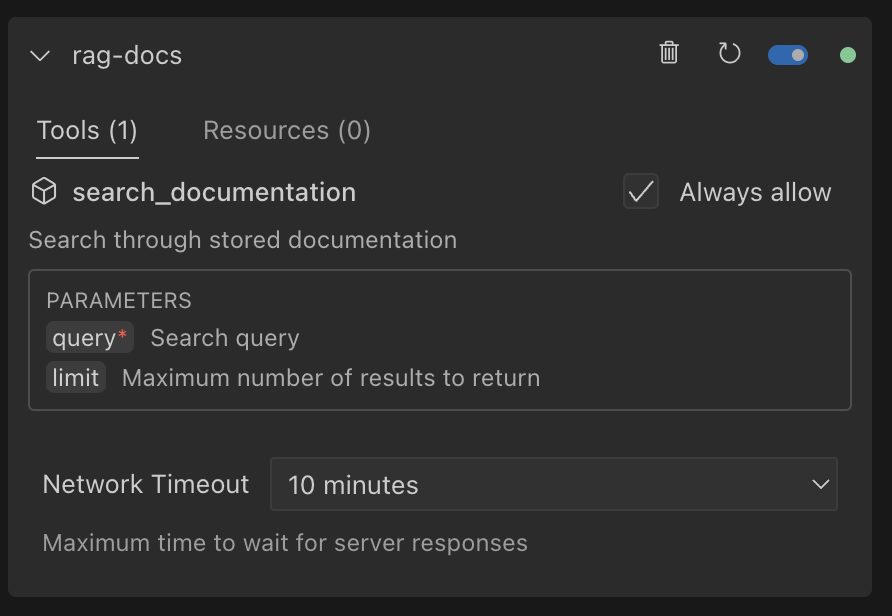 Example of a configuration pane for a MCP Server